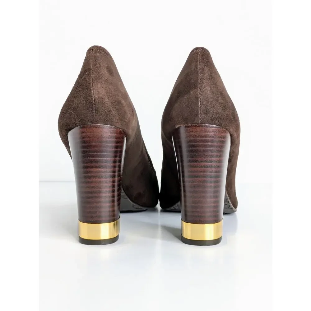 Tory Burch Maddie Pump 9.5 Brown Suede Block Heel Gold Logo Medallion Double T